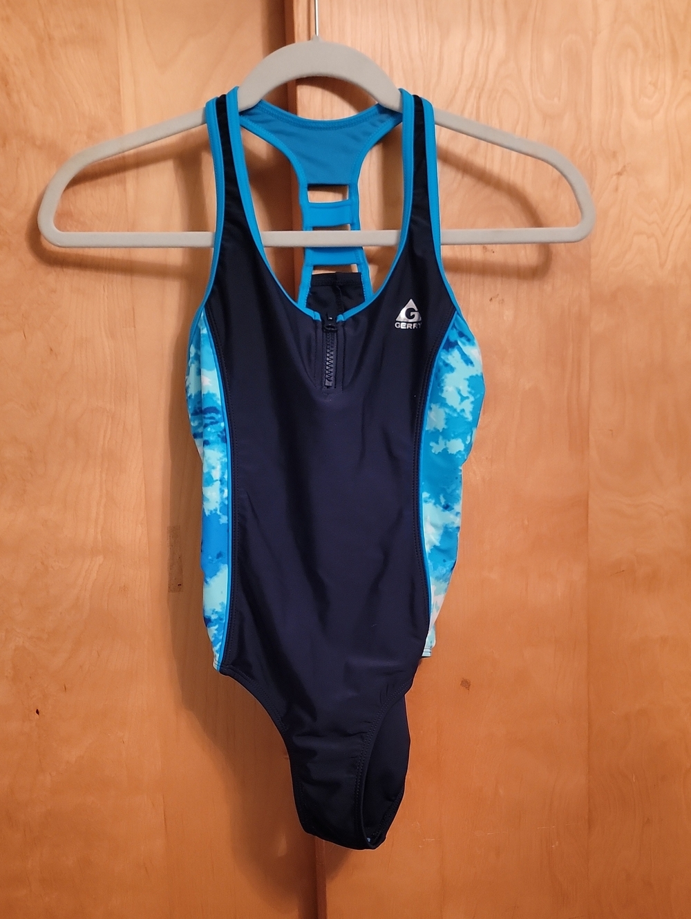 Girls Navy & Blue Zip-Front One-Piece Swimsuit Sz 12